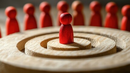 A red wooden figurine stands at the center of a circular wooden target with other red figurines blurred in the background.
