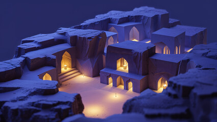 Architectural render of an illuminated arabian village nestled within majestic cliffside mountains