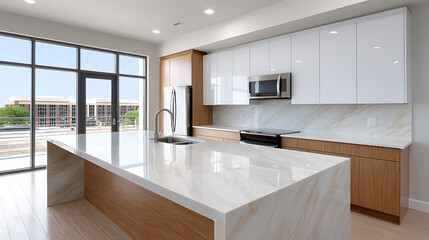 Modern kitchen with large island, white quartzite countertops. Gray, white cabinets, light wooden floor, marble splashback. Contemporary interior design, minimalist style, luxury home decor, new
