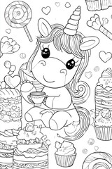 
Coloring page for children, unicorn having a tea party with cupcakes and candy 