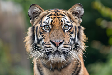Fototapeta premium Close-up of a majestic Bengal tiger staring intently, showcasing its striking fur patterns and piercing eyes.