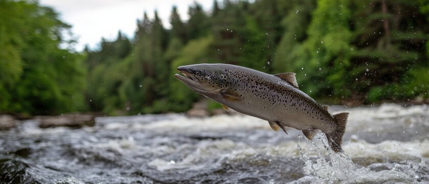 Atlantic Salmon leaping from river water, showcasing its power and determination in natural habitat Concept of wildlife, migration, and conservation