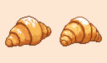 Pixel Art Croissants with Powdered Sugar. A detailed pixel art illustration of two golden brown French croissants, lightly dusted with powdered sugar.