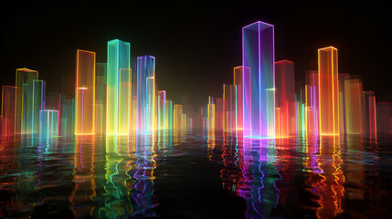 Colorful Neon Cityscape Reflecting in Water for Futuristic Digital Background
