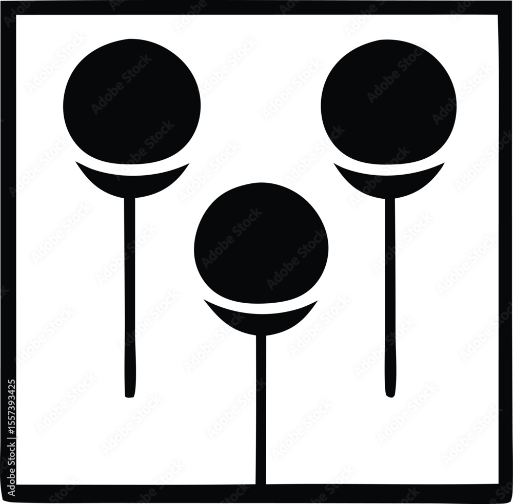 Poster three stylized black lollipops with curved bases are arranged in a playful pattern within a thick bl