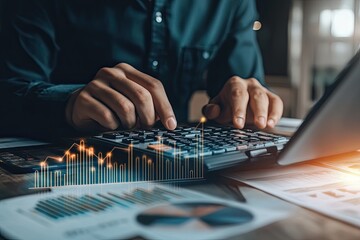 Close-up of person using calculator, overlaid with charts and graphs