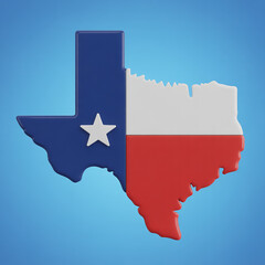 A 3D render of the state of Texas shaped like its geographical outline and colored with the design of the Texas flag. The blue, white, and red sections feature a prominent white star.