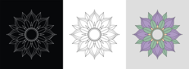 Bold line art mandala with lotus flower inspiration and sacred geometry for serene decor.