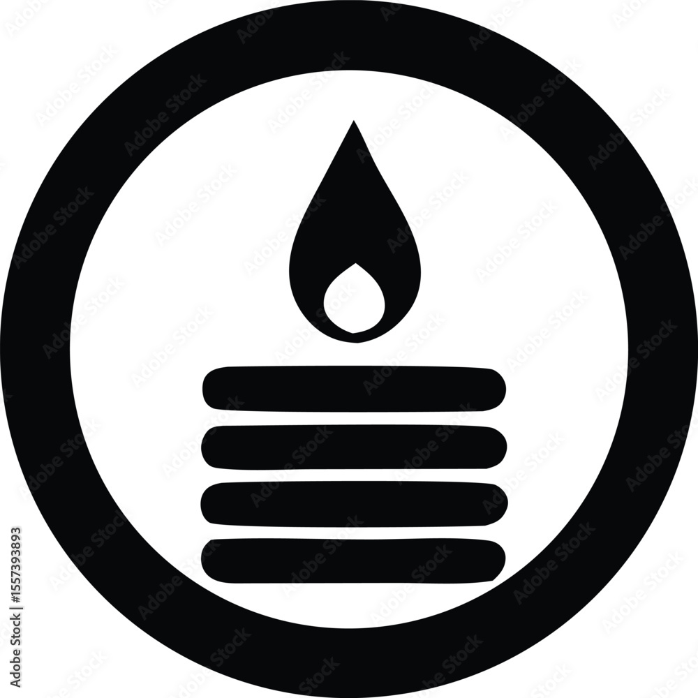 Poster stylized black and white icon featuring a flame above stacked horizontal lines within a circular bor
