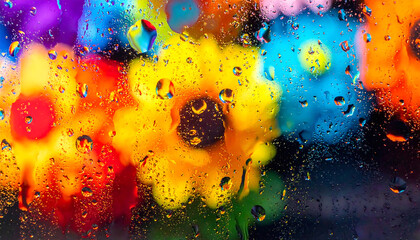 an abstract art of a Bright color raindrops on window glass