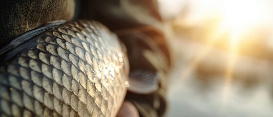 Closeup of freshly caught carp fish scales glistening in the sunlight, held by an adult fisherman outdoors Concept of fishing, angling, and outdoor recreation
