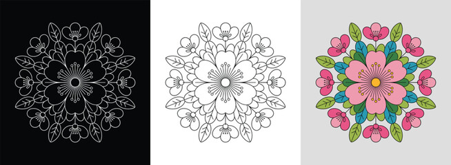 Cherry blossom mandala with delicate petals and bright springtime hues for serene decor.