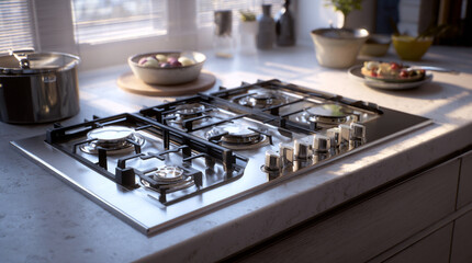 modern kitchen counter with a sleek, white induction cooktop. The countertop is made of a gray, textured material, pots, utensils, and condiments on the counter.