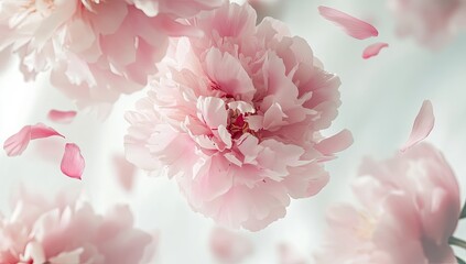 Delicate pink peonies in soft focus, petals floating