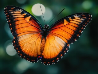 Close-up of a vibrant orange butterfly with dark markings, wings spread wide against a blurred, deep green background