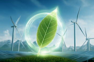 Futuristic Green Energy Landscape. Futuristic green energy landscape with a leaf and wind turbines, ideal for promoting sustainability and eco-friendly initiatives.