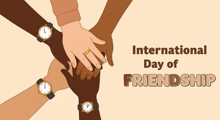 International day of friendship hands of different colors with watches and a ring illustration