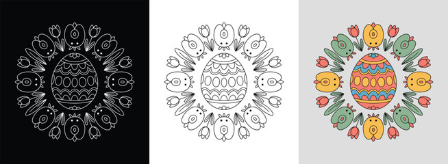 Easter egg mandala with spring motifs and bright pastel colors for festive seasonal decor.