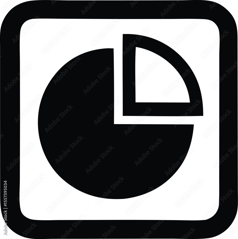 Poster simple black and white graphic icon representing a pie chart with one segment removed enclosed withi