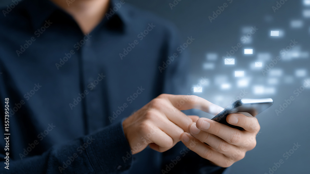 Poster person using smartphone sending text messages. digital chat icons appear above phone. concept of mod