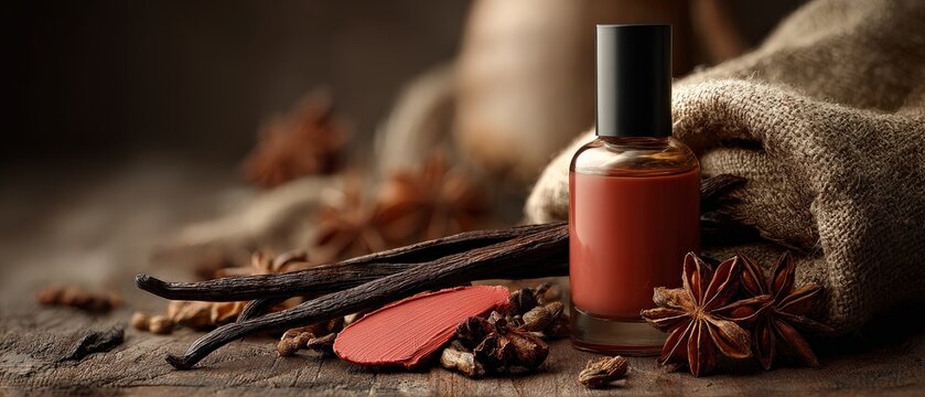 Aromatic perfume bottle with vanilla bean and star anise on rustic wooden surface Concept of fragrance, aromatherapy, and natural beauty