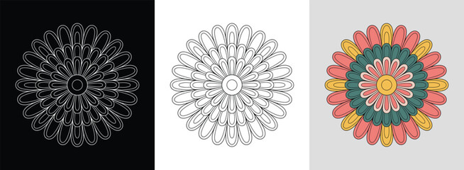 Daisy mandala with layered symmetrical petals and bright segment fills for cheerful decor.