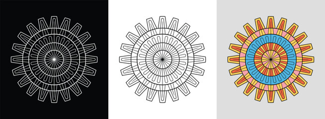 Gear-inspired mandala with straight lines and vibrant industrial colors for bold decor.