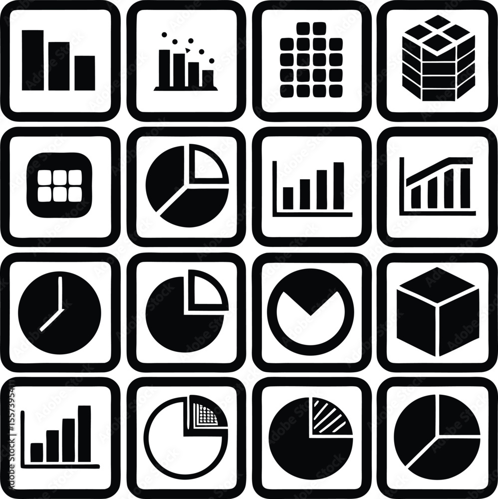 Poster collection of black and white icons representing various data visualization charts graphs and busine
