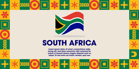 South Africa Flag Design banner with cultural design. Independence day design for South Africa celebration. Modern neo geometric retro design with flag, showcasing national pride and heritage.