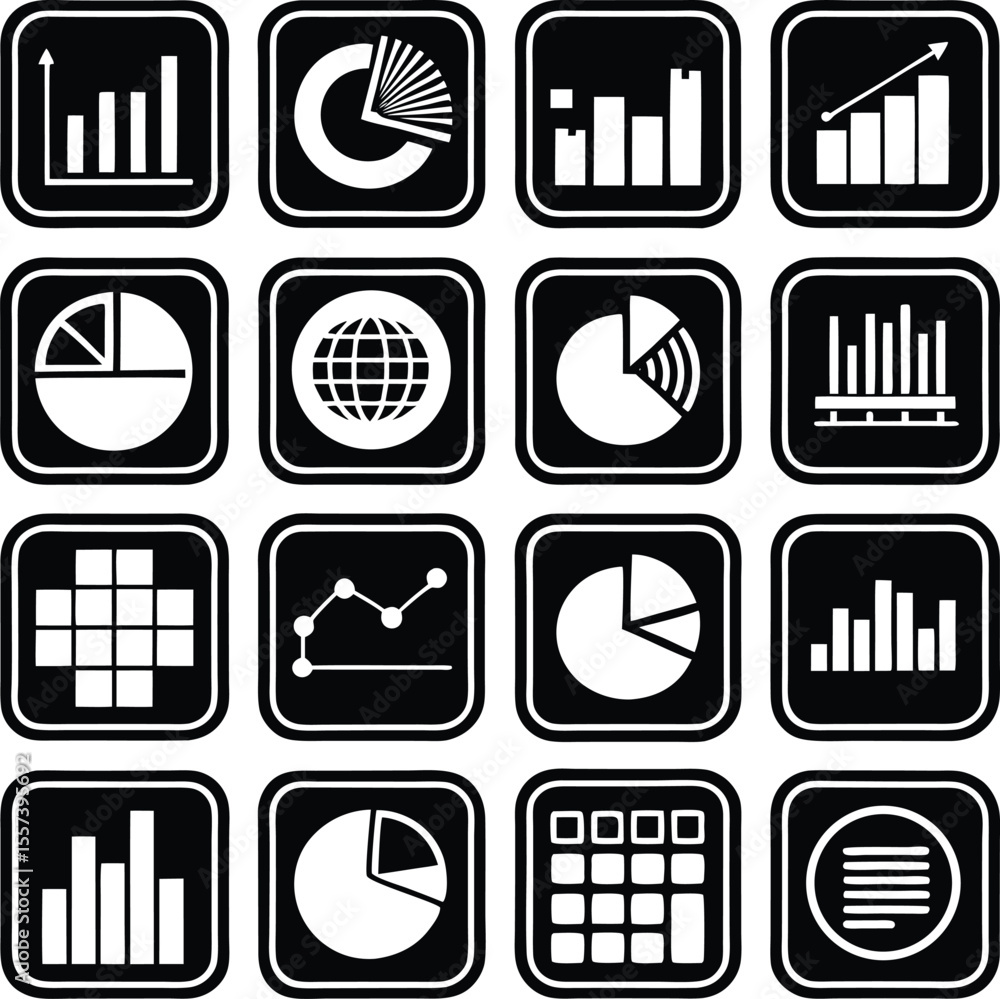 Aufkleber collection of sixteen diverse black and white icons representing various types of charts graphs and 