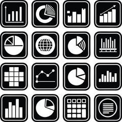 Collection of sixteen diverse black and white icons representing various types of charts graphs and data visualization elements