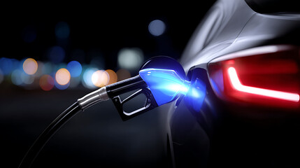 Car refueling at gas station with blue fuel nozzle. Evening time blurred lights background. Fuel fill-up, petrol, gasoline. Energy, auto transport concept.