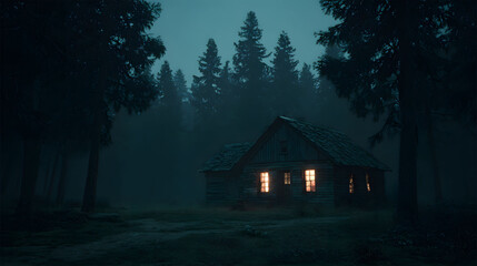 Lonely Cabin in a Dark Forest at Night