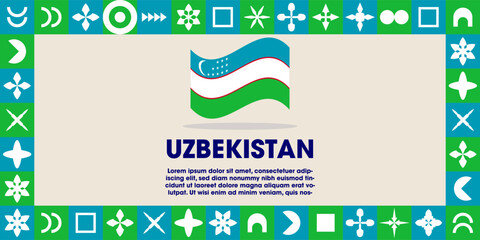 Uzbekistan Flag Design banner with cultural design. Independence day design for Uzbekistan celebration. Modern neo geometric retro design with flag, showcasing national pride and heritage.