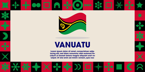 Vanuatu Flag Design banner with cultural design. Independence day design for Vanuatu celebration. Modern neo geometric retro design with flag, showcasing national pride and heritage.