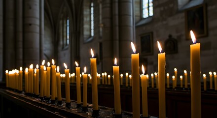 Warm glow of candlelight in a historic church, Row of lit candles creating a peaceful ambiance in a religious setting