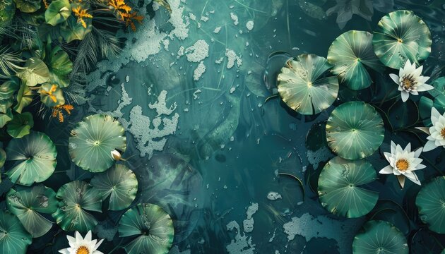 Top-down view of a serene pond filled with water lilies.
