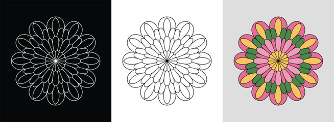 Mandala with layered cosmos petals and vibrant dynamic segments for floral decor.