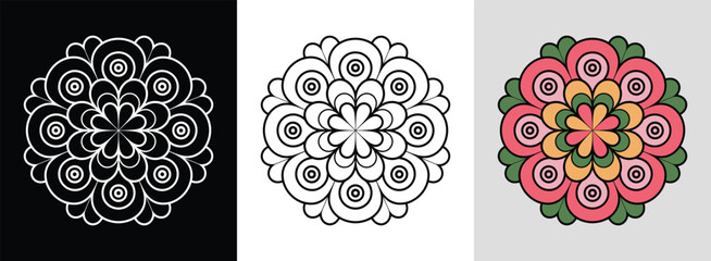 Mandala with layered rose swirl petals and dynamic bright fills for romantic decor.