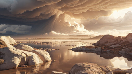 Dramatic landscape view featuring a lake rocky shore and ominous dark clouds and golden light