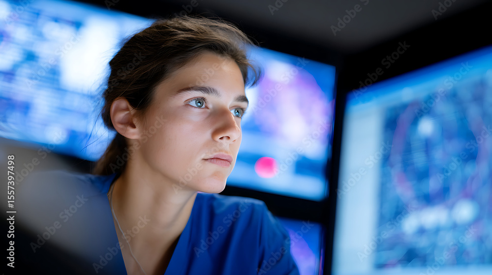 Poster female engineer analyzes complex data on multiple computer screens in high-tech control room. specia