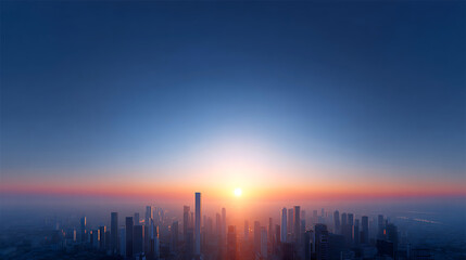 Modern city skyline at sunset. Skyscrapers dominate urban landscape. Dynamic interplay of architecture, business life. City view from high building. Sun sets behind buildings, reflects in windows.