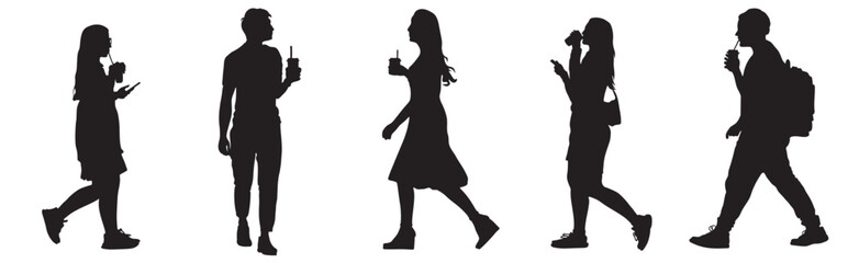Silhouettes of men and women with drink and straw. Black items isolated on white background. Vector illustration.