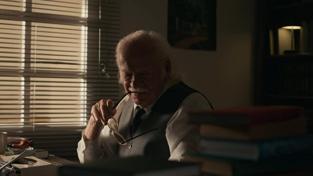 Side view shot of inspired elderly Caucasian male author sitting at desk behind pile of books and having new idea for his script working on vintage typewriter in study room