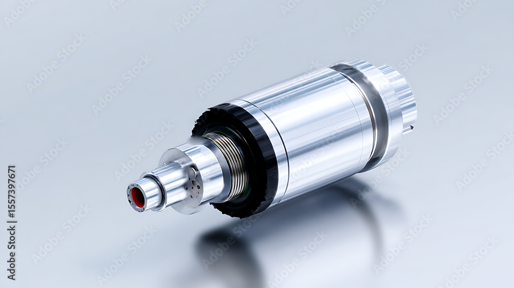 Poster exploded view of electric vehicle motor with detailed components on gray background. 3d rendering of