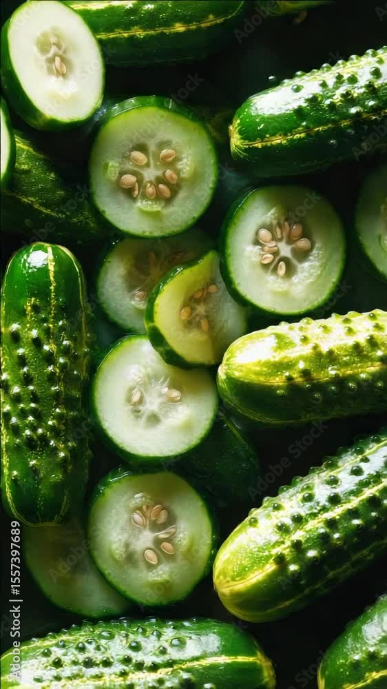 Poster a collection of green cucumbers cut in half on a dark background, with their seeds visible. the has 