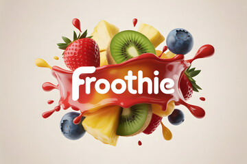 Froothie promo poster with fruit splash behind bold logo: strawberries, kiwi, pineapple, blueberries on white background. Vibrant, fresh, energetic, appetizing fruit explosion.