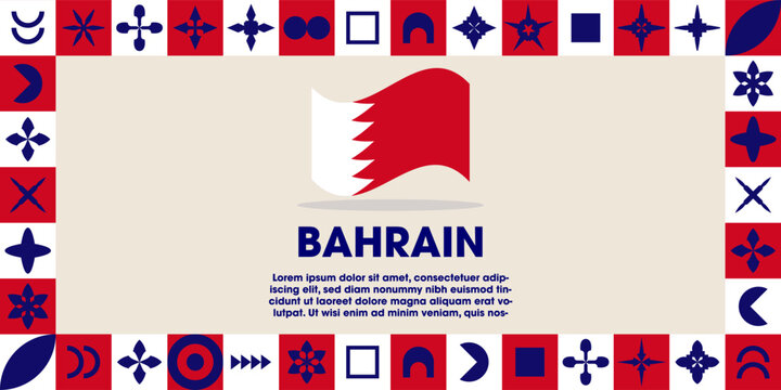 Bahrain Flag Design banner with cultural design. Independence day design for Bahrain celebration. Modern neo geometric retro design with flag, showcasing national pride and heritage.