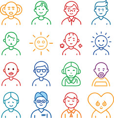 A diverse collection of colorful line art icons depicting various human emotions and characters against a white background