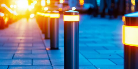 Steel bollards with blue lights are lined up along a sidewalk. Urban lighting and modern cityscape - Powered by Adobe